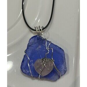 Rose Quartz & Blue Sea Glass Unconditional Love Silver Tone Wire Wrapped Pendant